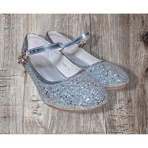 Girls Silver Glitter Heels Dress Party Wedding Shoes Princess Pumps Size 4.5